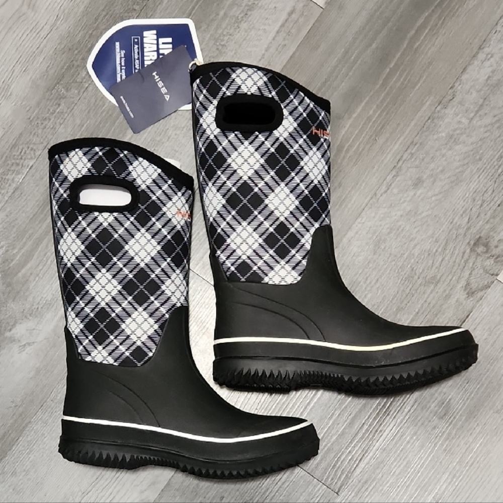 Hisea Black and White Plaid Winter Snow Rain Boots Neoprene Womens Size 6